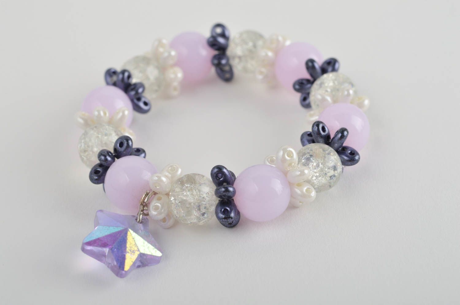 Handmade light pink and transparent beads bracelet for kids  photo 2