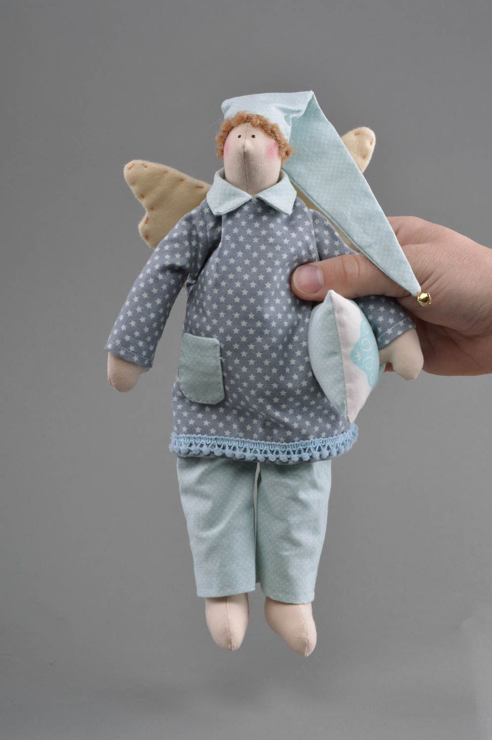 Handmade designer soft toy sewn of cotton angel in pajama and hat with pillow photo 4