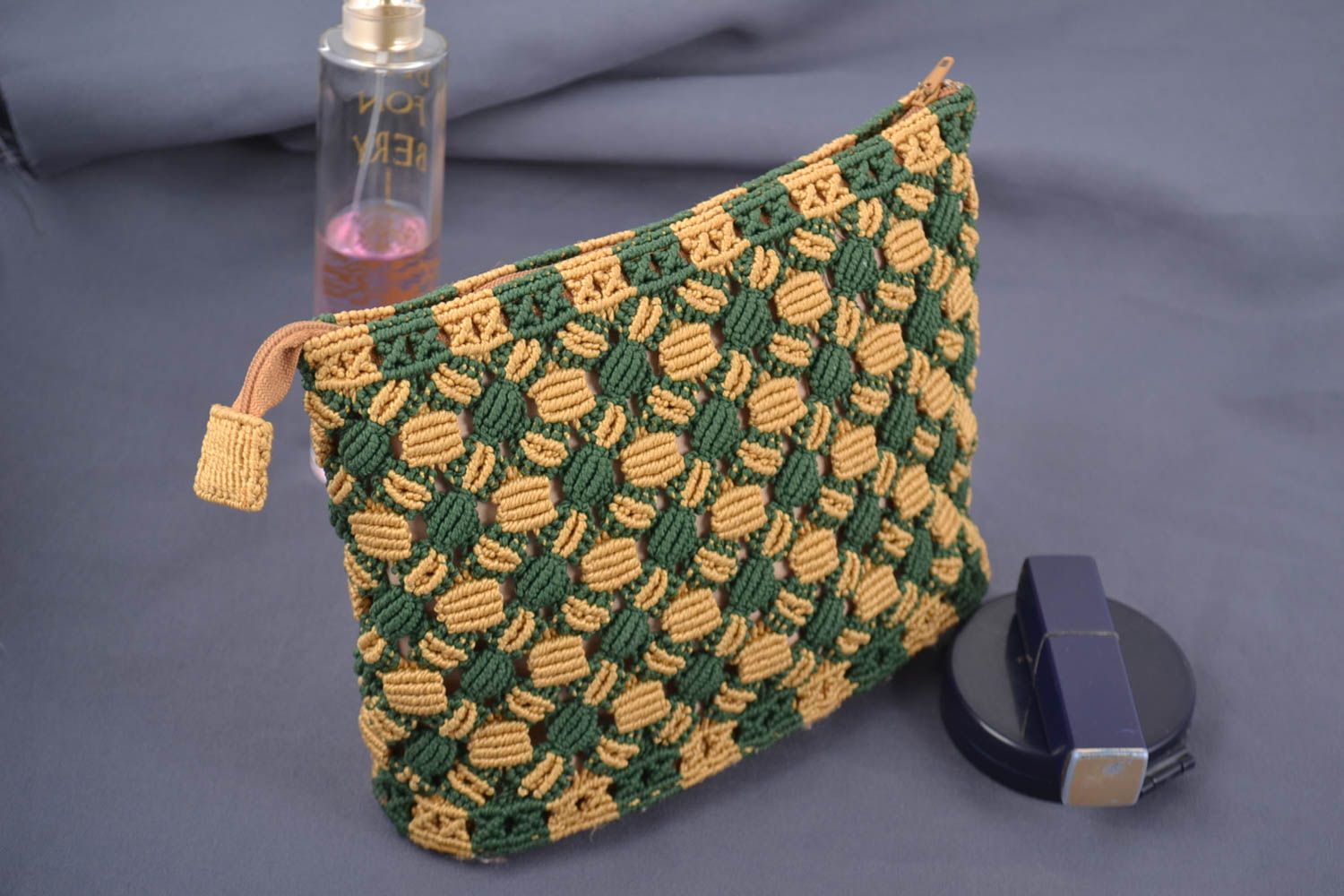 Handmade designer macrame woven cosmetics bag with geometric ornament photo 1
