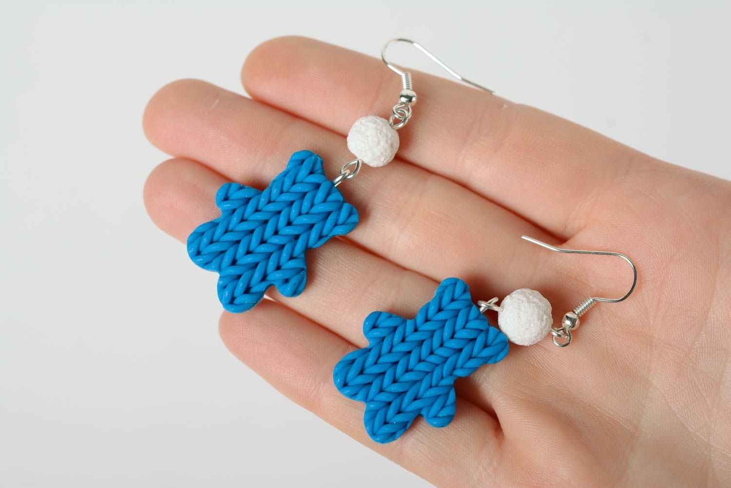 Handmade blue polymer clay dangling earrings with imitation of knitting Bears photo 3