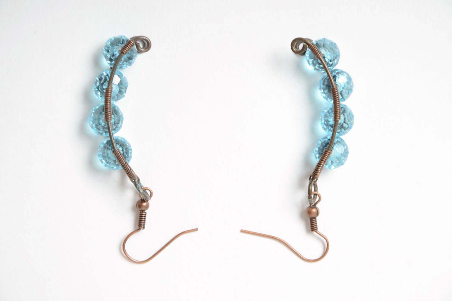 Handmade elegant blue wire wrap copper earrings with quartz women's jewelry photo 5