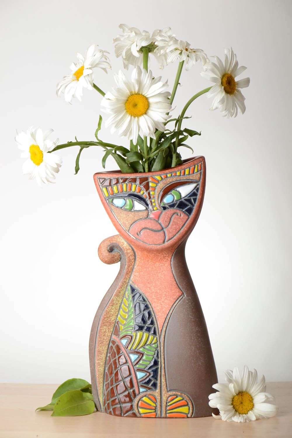 Vase argile fait main Déco maison en forme de chat multicolore Cadeau original photo 1