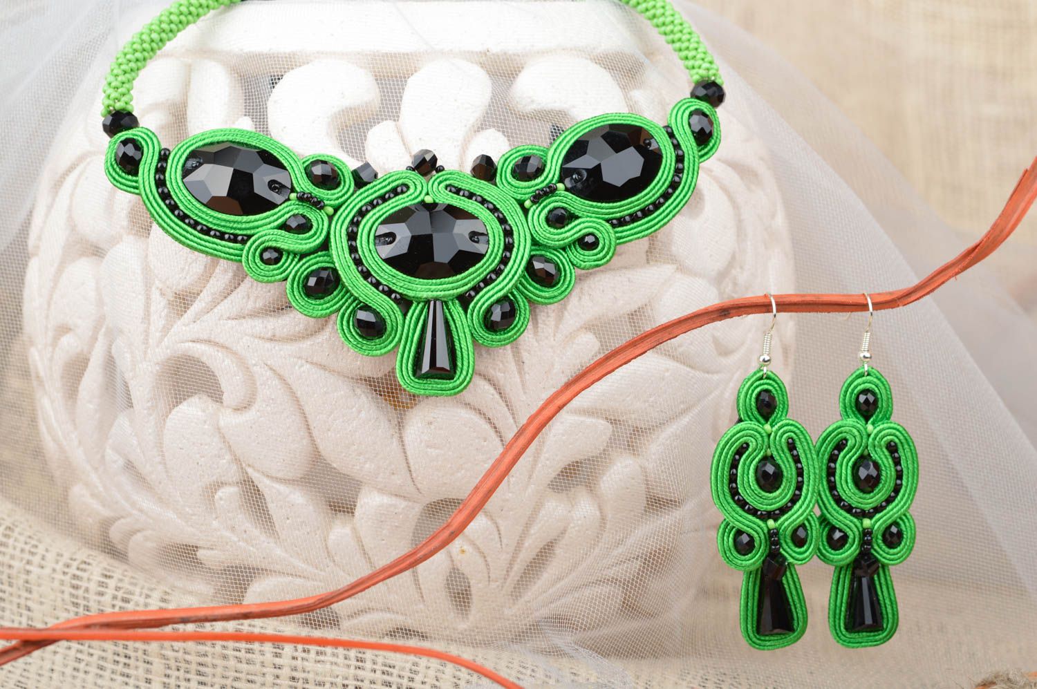 Black and green handmade designer soutache earrings and necklace jewelry set photo 1
