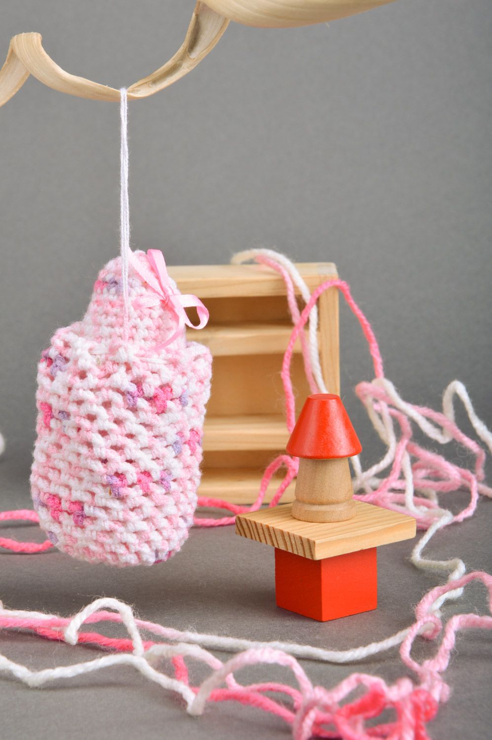 Handmade pink decorative Easter egg  in bag crocheted of semi-woolen threads photo 1
