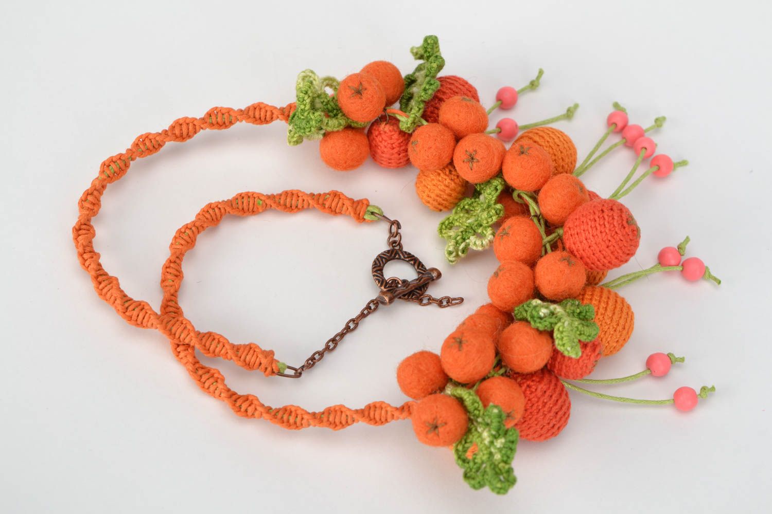 Handmade bead necklace crocheted over with cotton threads in the shape of mountain ash berries photo 4