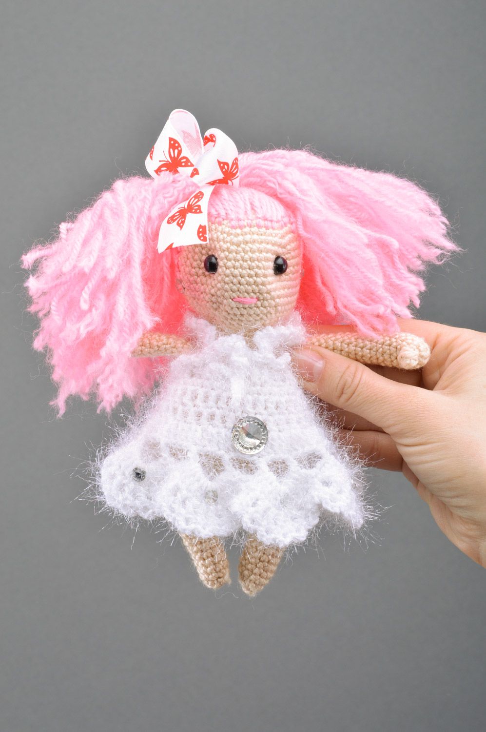 Small handmade pink crochet soft toy in the shape of girl for gift photo 3