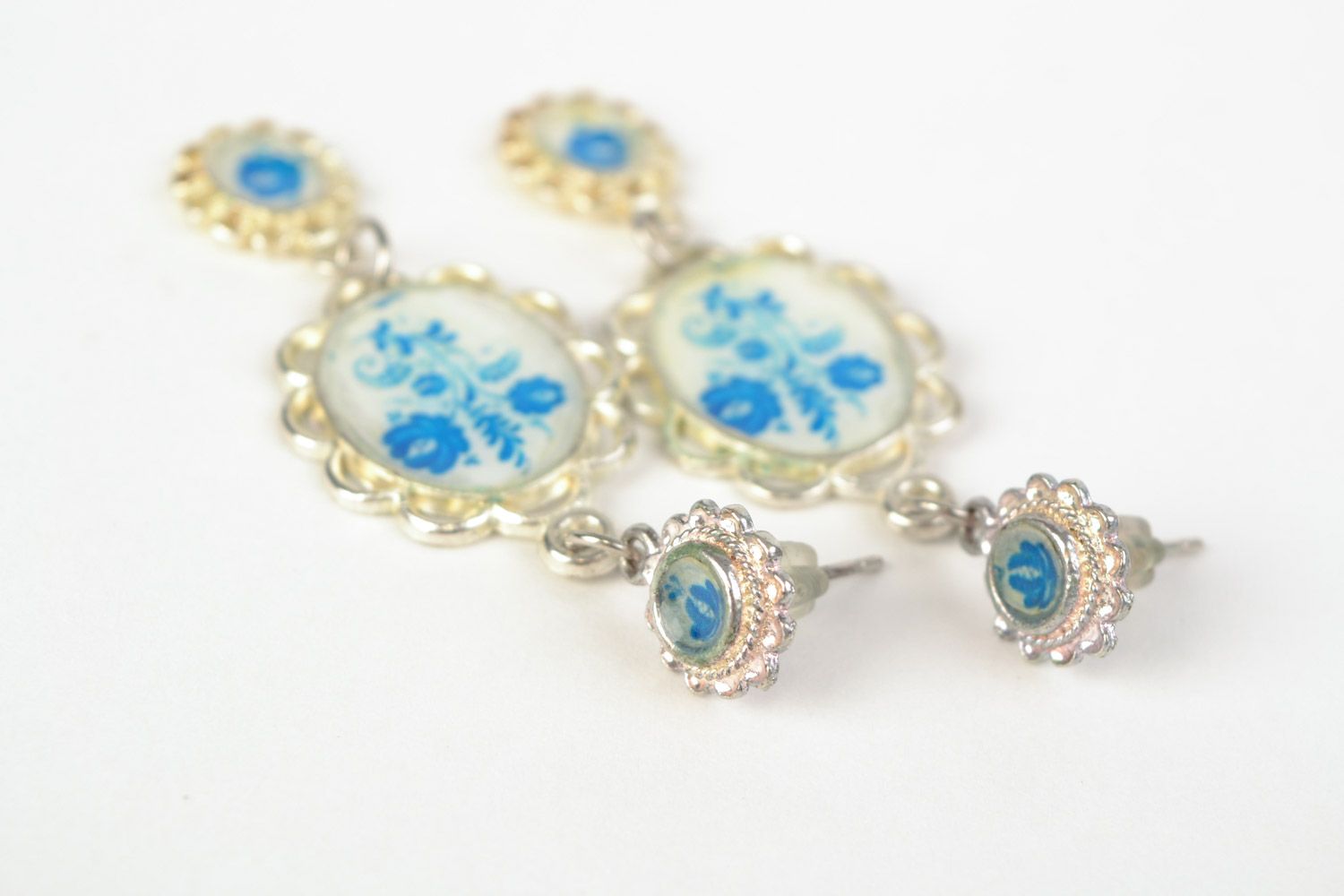 Handmade long vintage earrings with jewelry epoxy resin in blue color palette photo 3