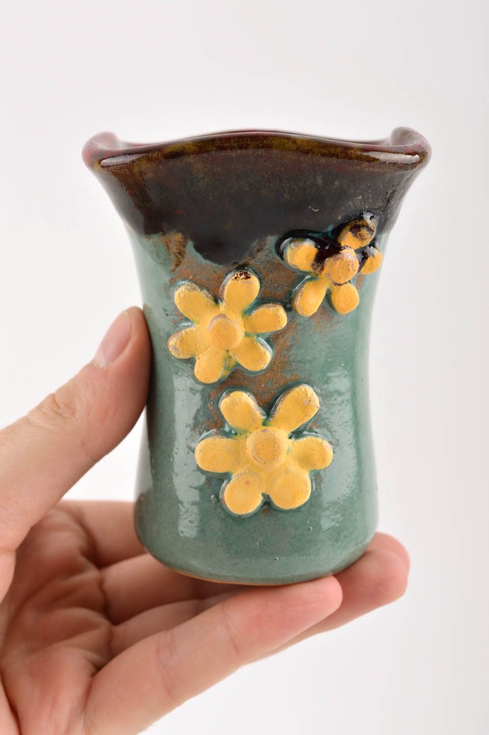 5 oz ceramic glazed handmade flower vase in green and brown color with yellow flowers photo 5