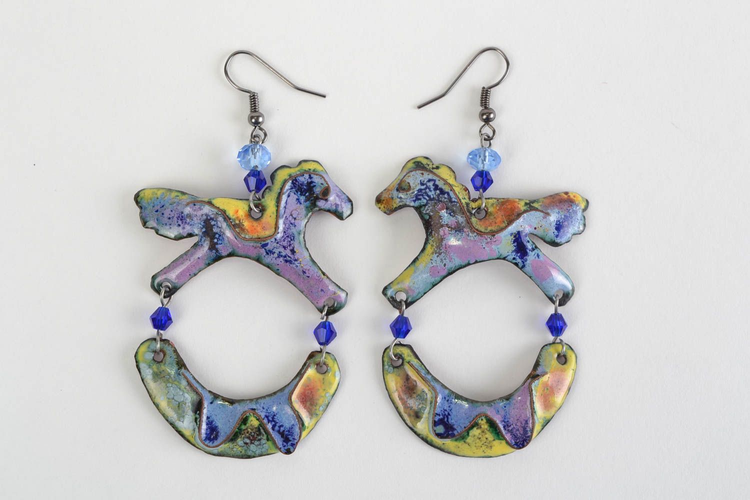 Handmade designer colorful enameled copper dangling earrings with horses photo 1