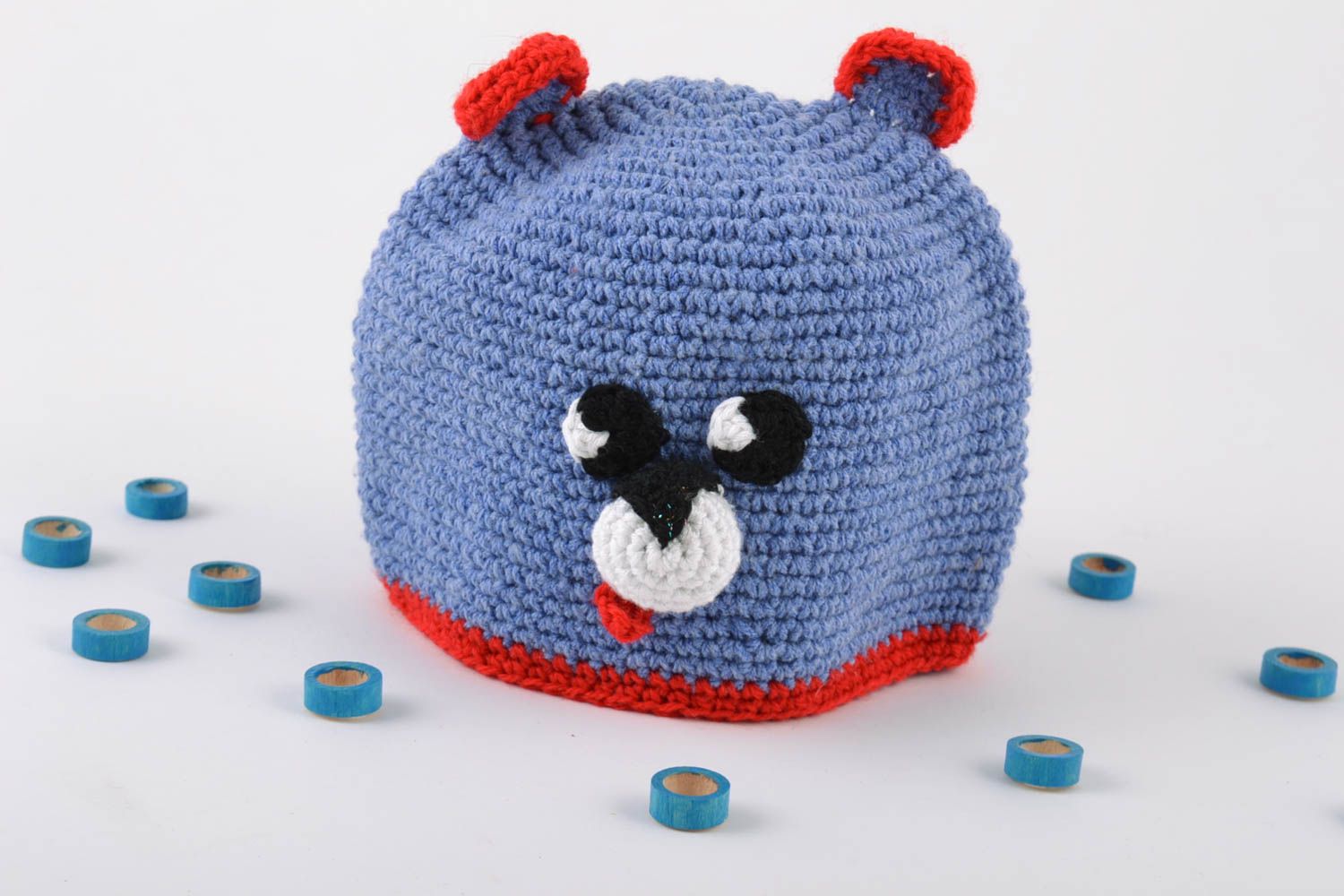 Handmade baby hat crocheted of blue and red cotton threads with bear muzzle photo 1