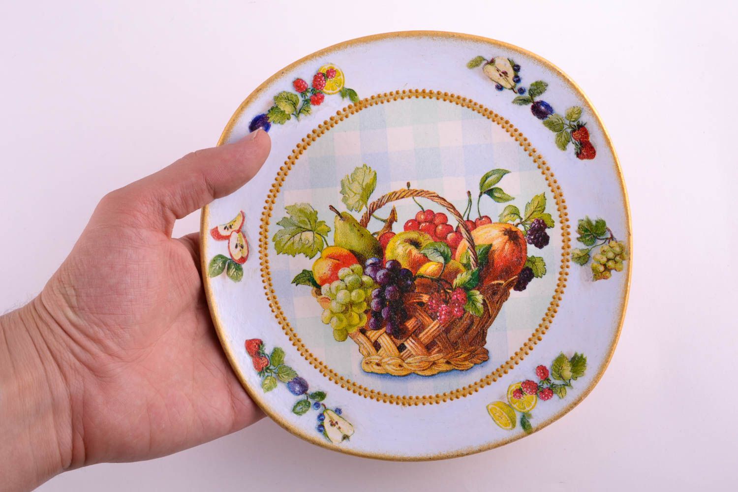 Декор на стену handmade тарелка декупаж декоративная тарелка Корзина с фруктами фото 2