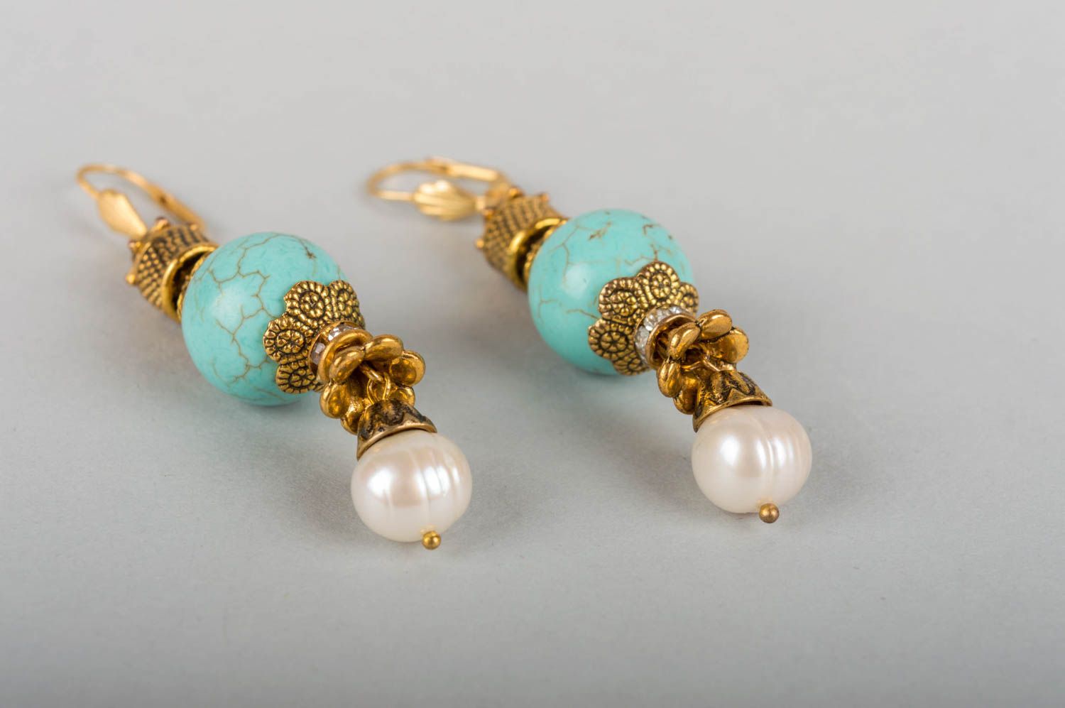 Designer beautiful long blue handmade earrings made of turquoise and brass photo 3