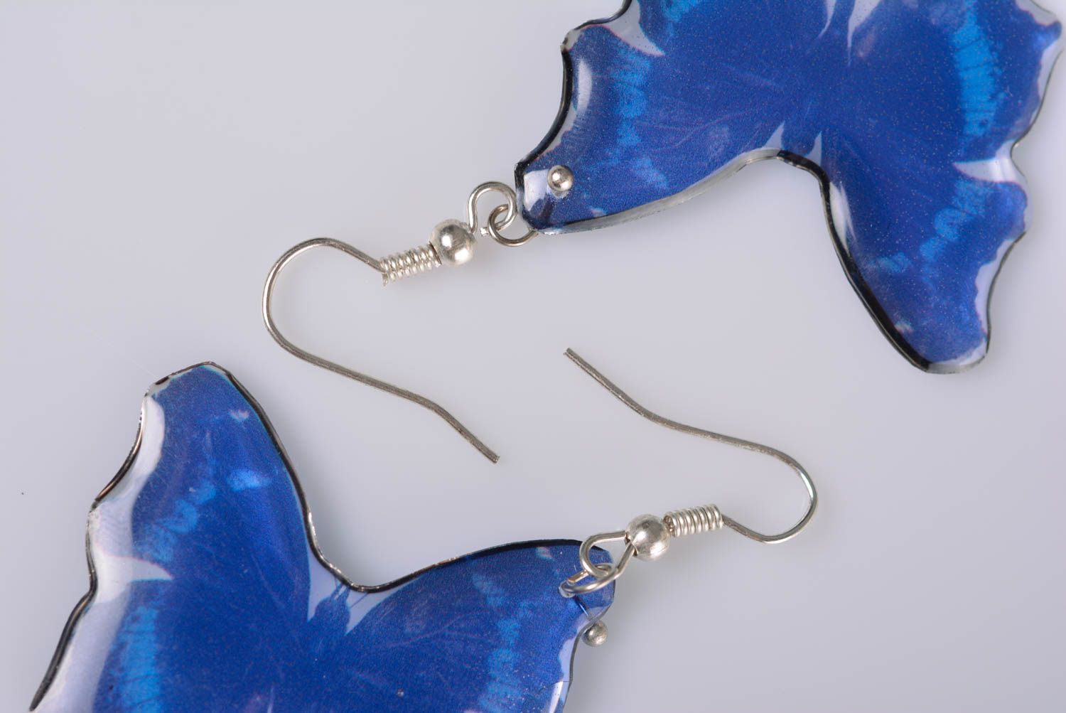 Unusual handmade blue butterfly shaped earrings coated with epoxy resin photo 5