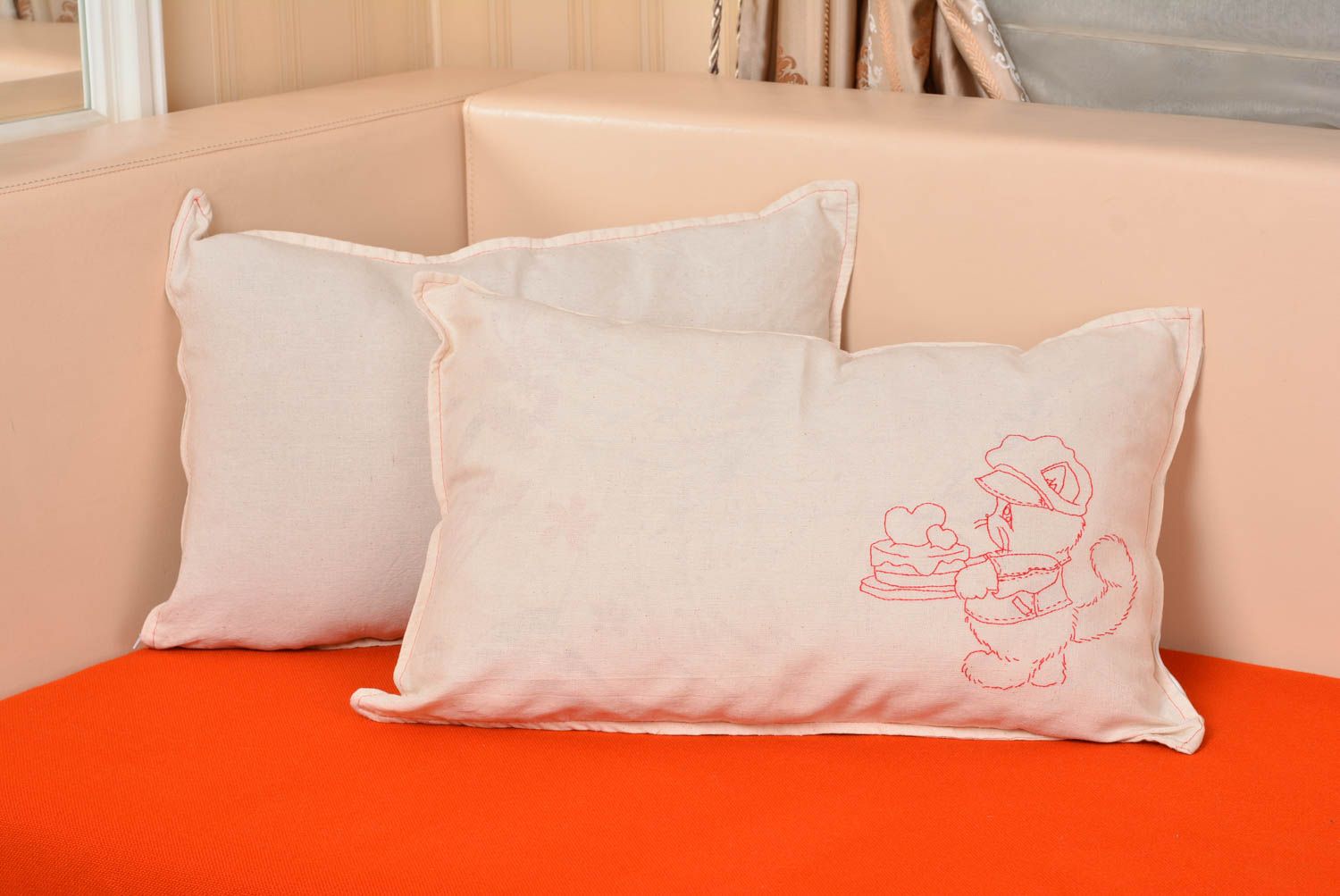 Handmade white pillowcase made of linen fabric with embroidered kitten for home photo 4