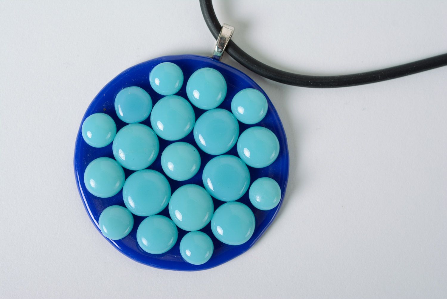 Handmade women's fused glass round pendant of blue color photo 5