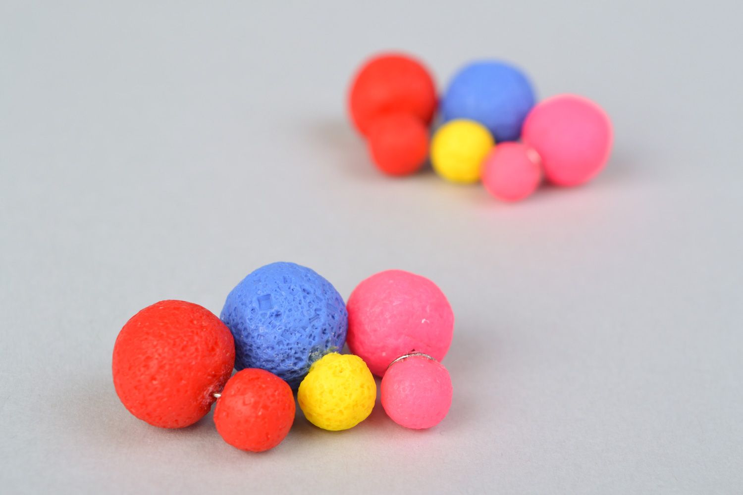 Handmade polymer clay stud earrings of round shape of bright colors set of 3 pairs photo 4