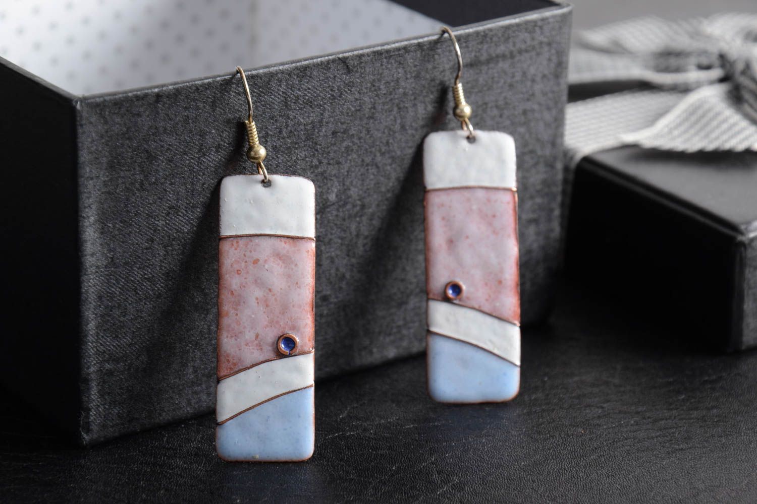 Handmade long stylish copper earrings with charms painted with hot enamel photo 1
