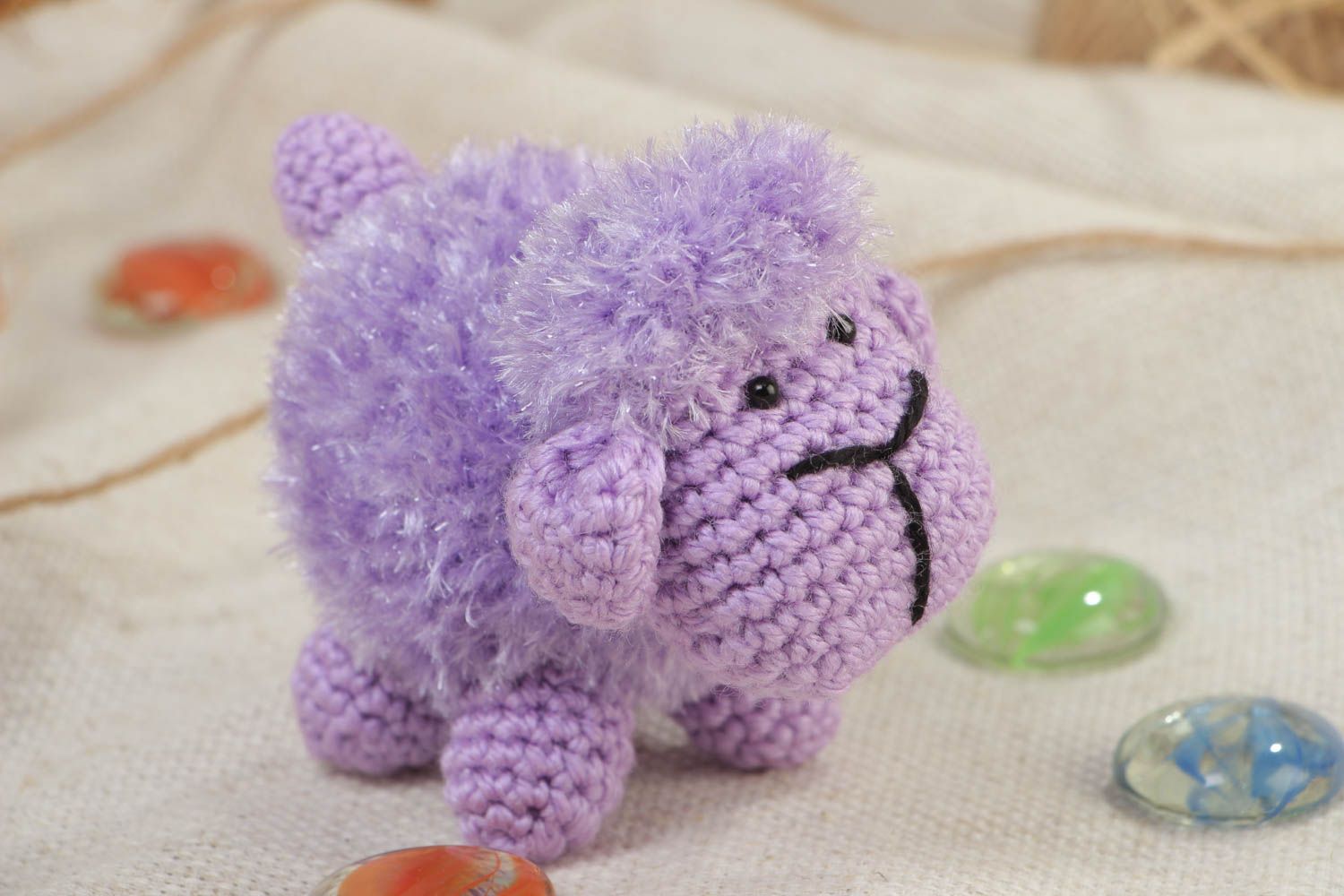 Handmade small soft toy lamb crocheted of acrylic threads of violet color photo 1