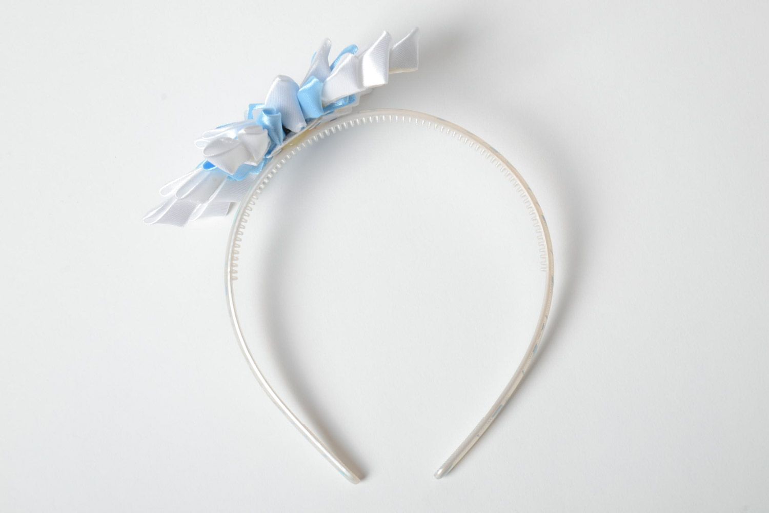Festive headband with white and blue flower hand made of satin ribbons  photo 4