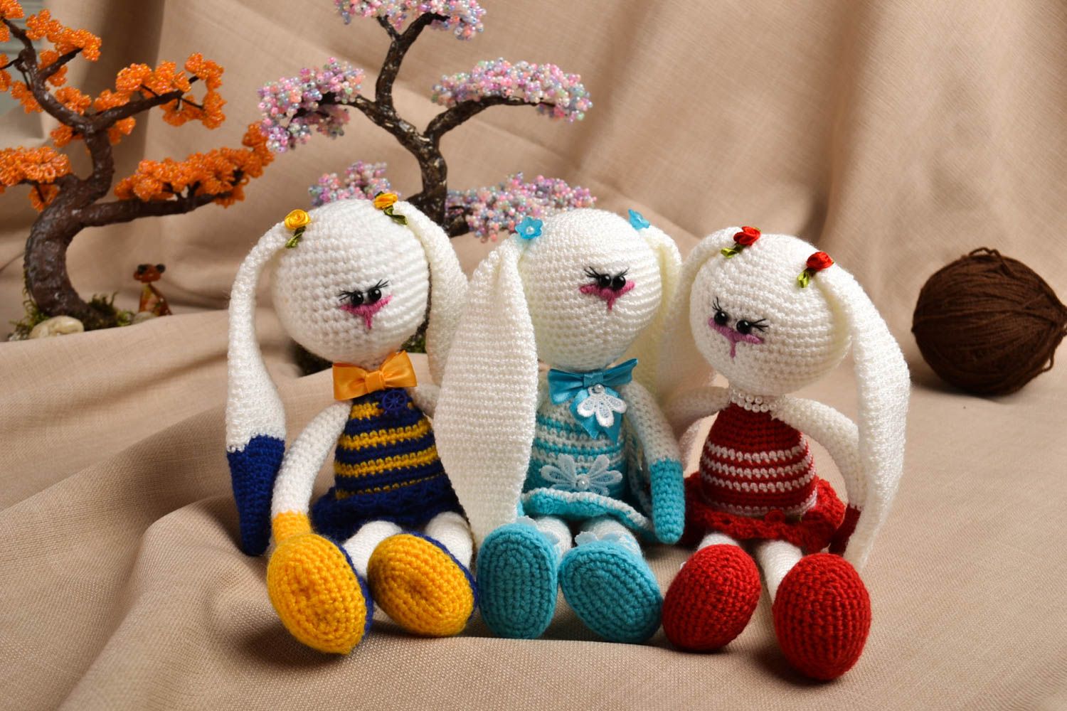 Peluches animaux lapines Jouets faits main 3 pièces en tricot Cadeau enfant photo 1