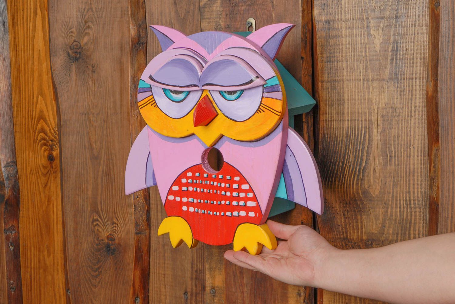 Painted soft wood birdhouse in the shape of owl photo 2