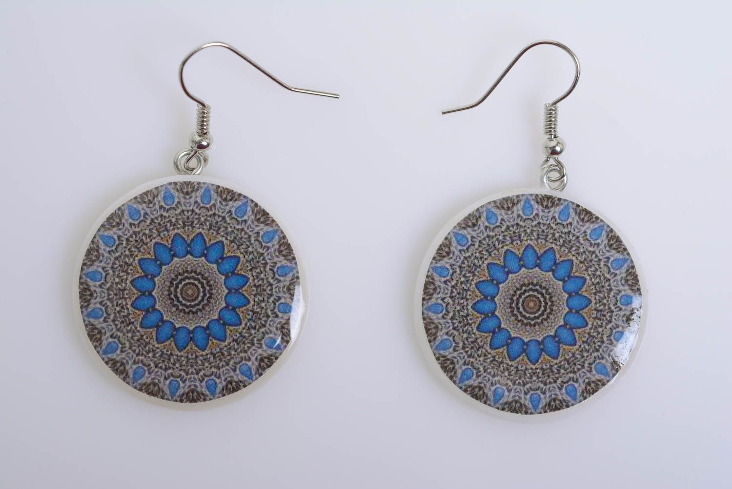 Homemade designer polymer clay round earrings in Oriental style decoupage photo 5
