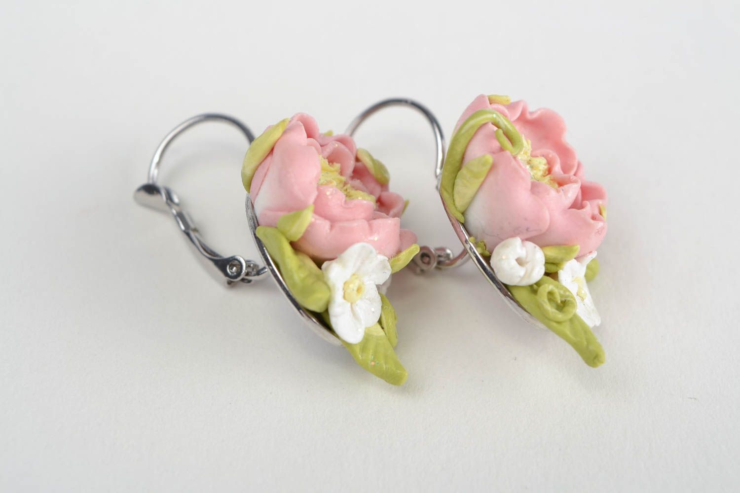Handmade designer polymer clay pink floral earrings with metal English ear wires photo 4