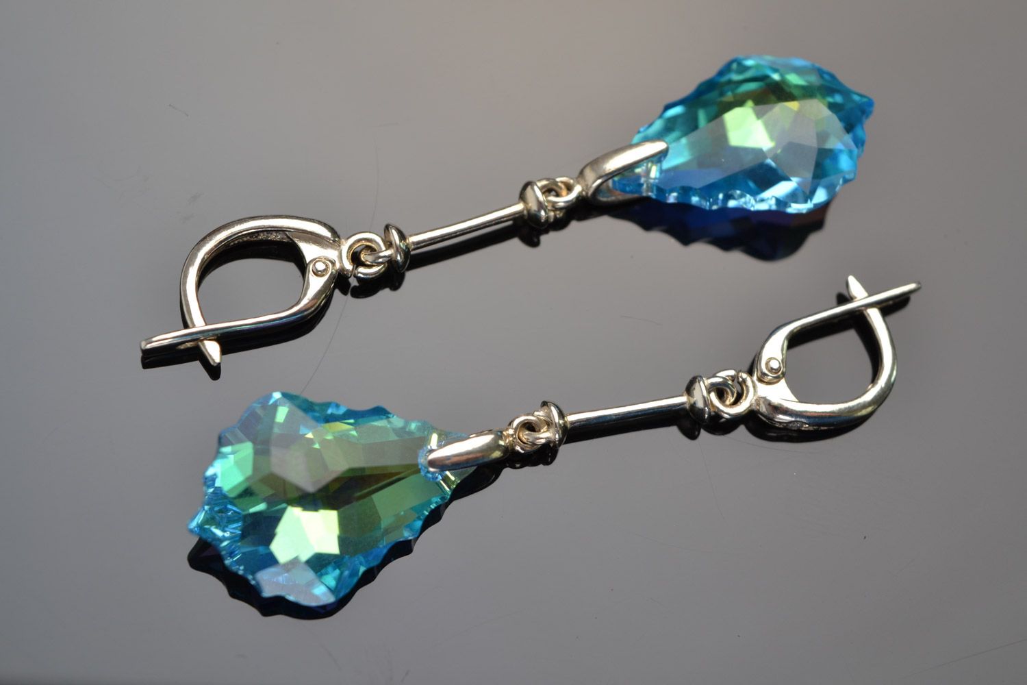 Handmade festive long evening earrings with Austrian stones of blue color photo 5