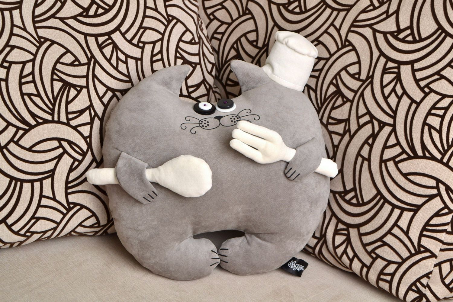 Handmade interior toy cushion in the form of gray cat made of flock photo 1