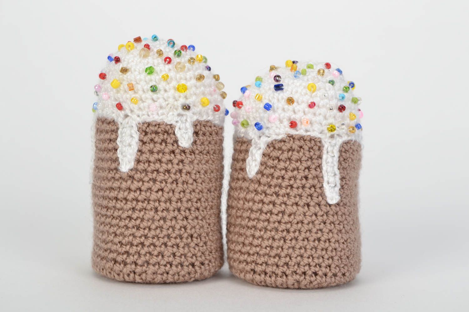 Set of gray handmade crochet soft Easter cakes with beaded glaze 2 pieces  photo 1