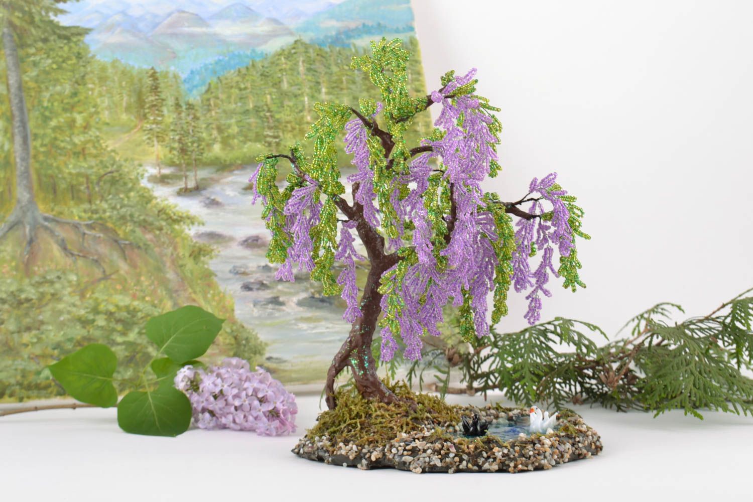 Handmade designer decorative tender violet beaded tree Blooming Wisteria with Swans photo 1