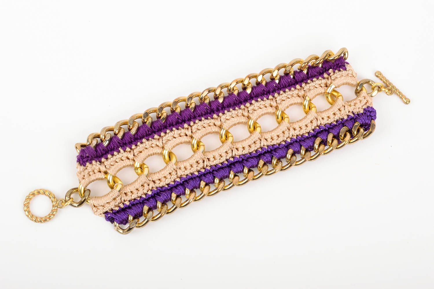 Bracelet textile Bijou fait main tricoté Accessoire femme avec chaînes beau photo 3