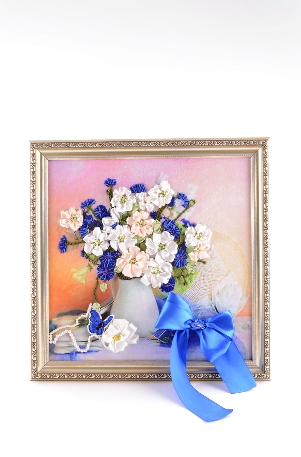 Picture with handmade flowers embroidered decoration with ribbons women gift photo 1