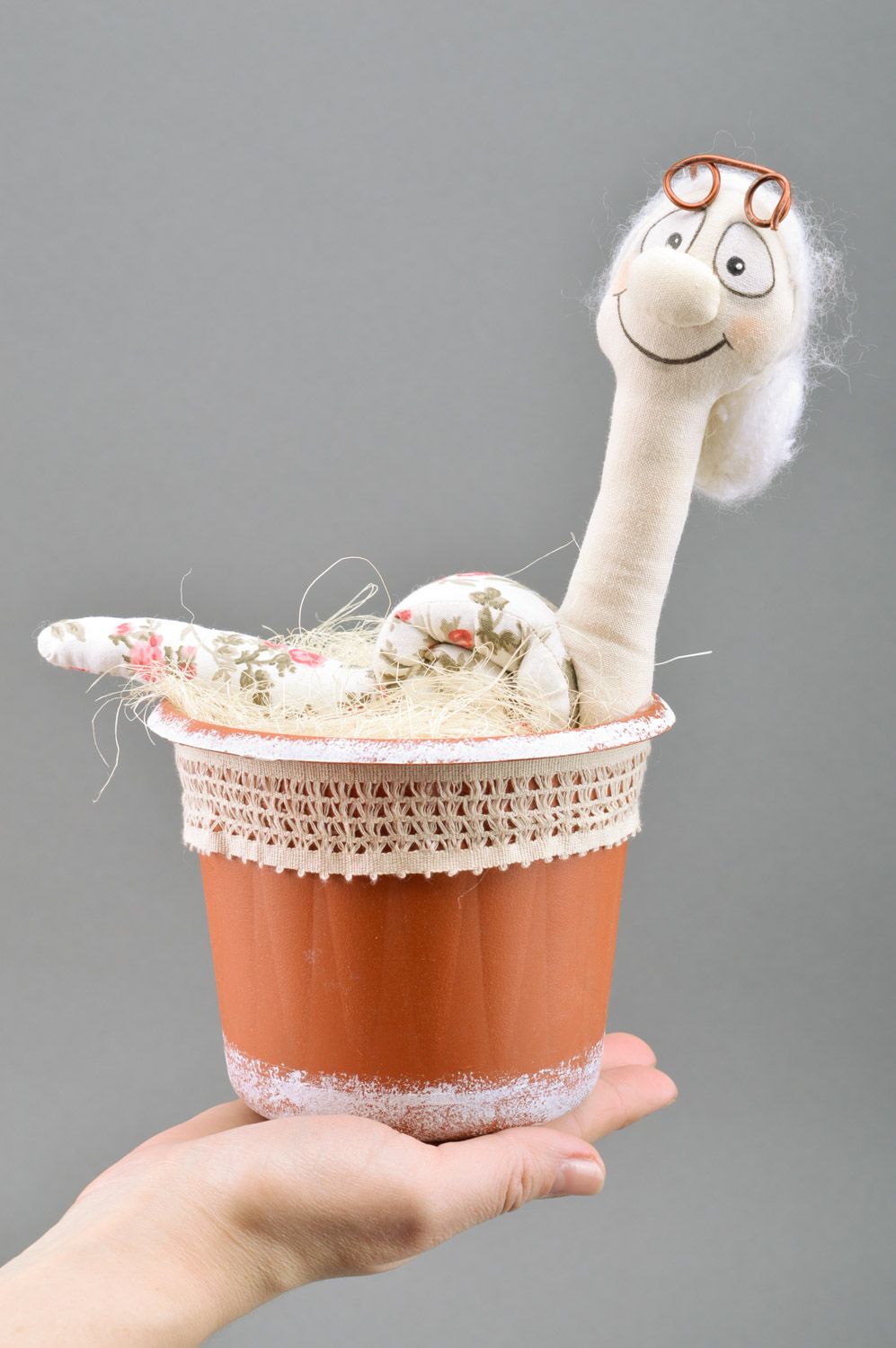 Beautiful small white handmade fabric soft toy snake in pot photo 3