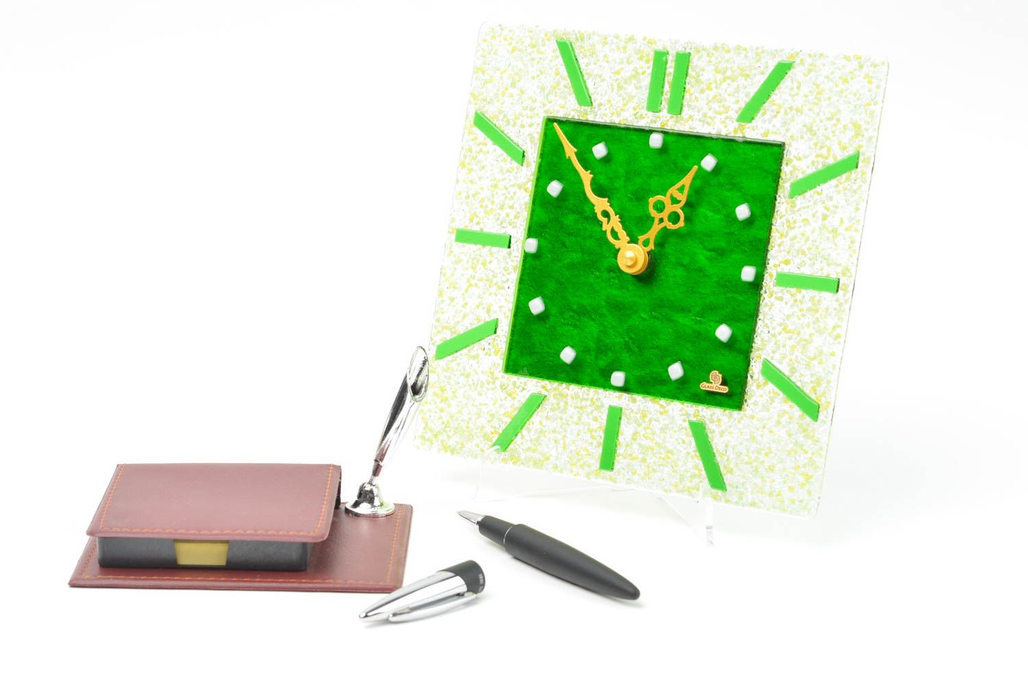 Horloge murale fait main Horloge déco carrée vert blanc verre Accessoire maison photo 1