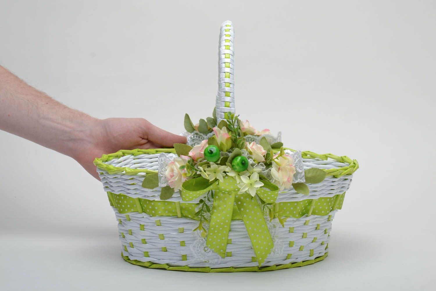 Newspaper basket decorated with flowers photo 5
