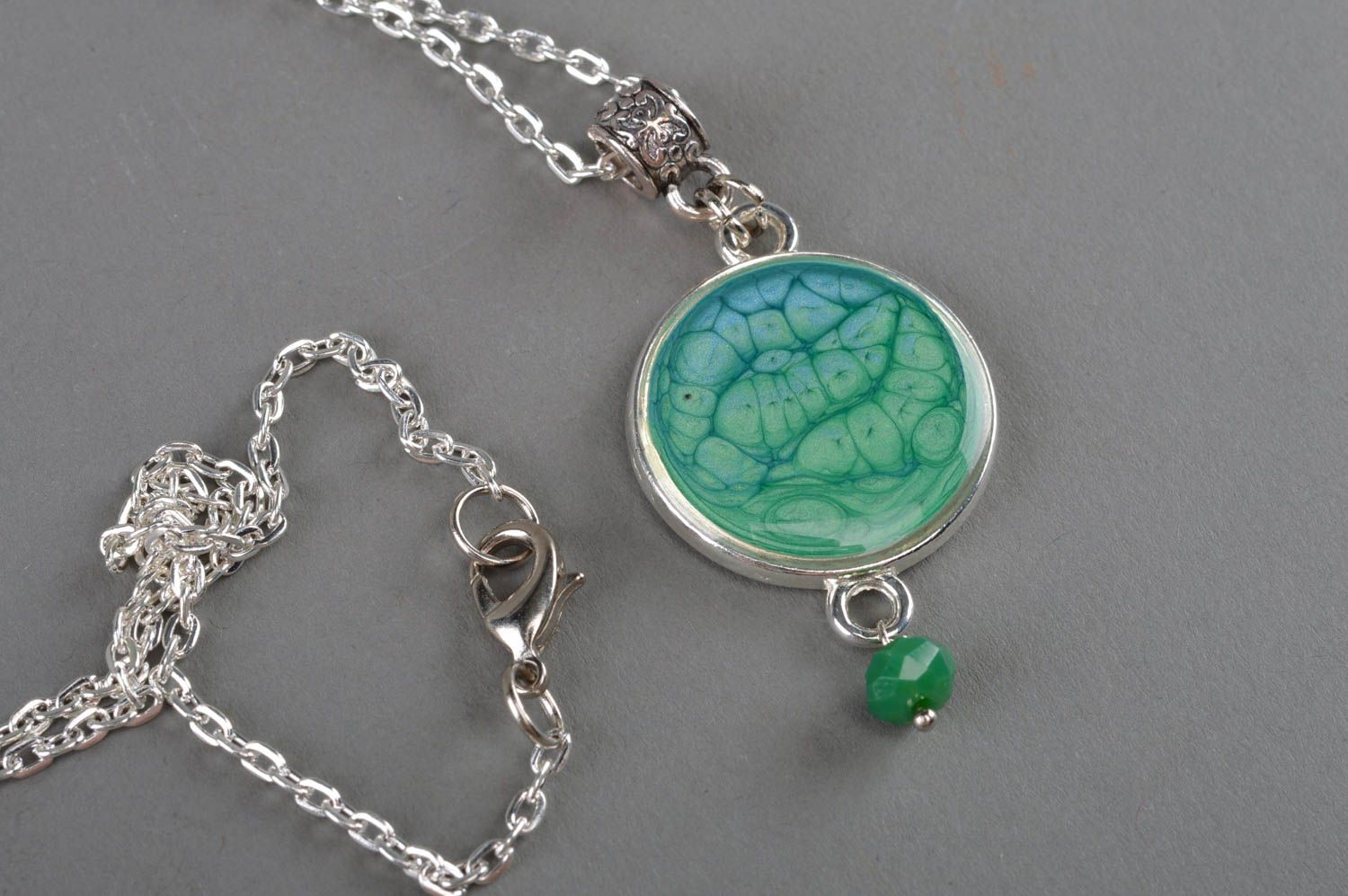Handmade green round decoupage pendant necklace in jewelry resin on metal chain photo 2
