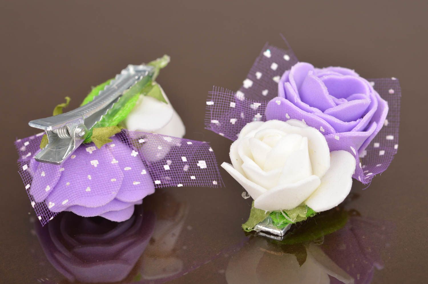 Blumen Haarspangen aus Stoff Set 2 Stück lila weiß für Kinder originell  foto 5