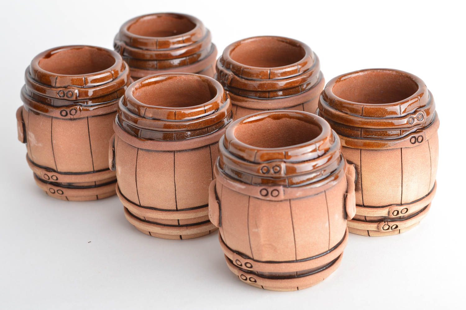Set of 6 six red clay glazed 3 oz drinking cups with no handle in the design of the wooden barrel photo 2
