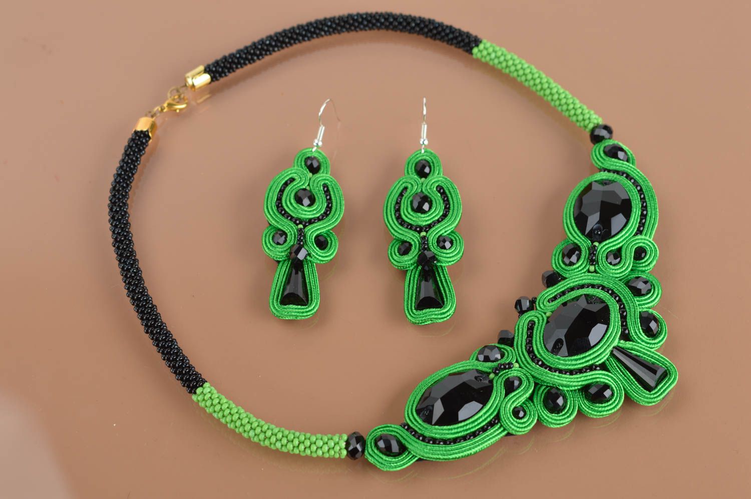 Black and green handmade designer soutache earrings and necklace jewelry set photo 2