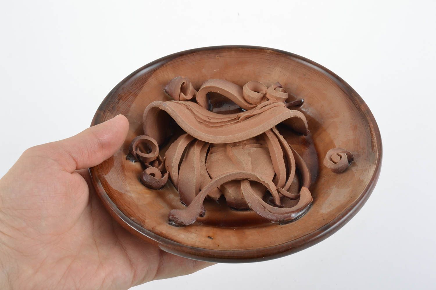 Handmade ceramic plate coated with glaze decorative unusual interior pottery photo 2