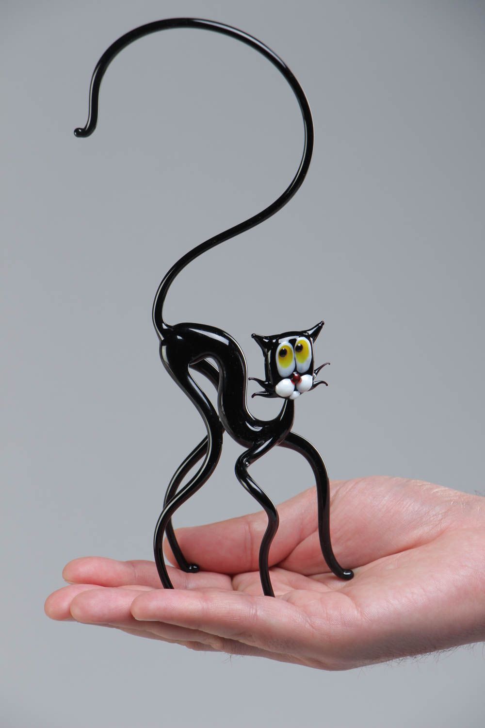 Handmade collectible miniature animal figurine of black cat lampwork glass photo 5