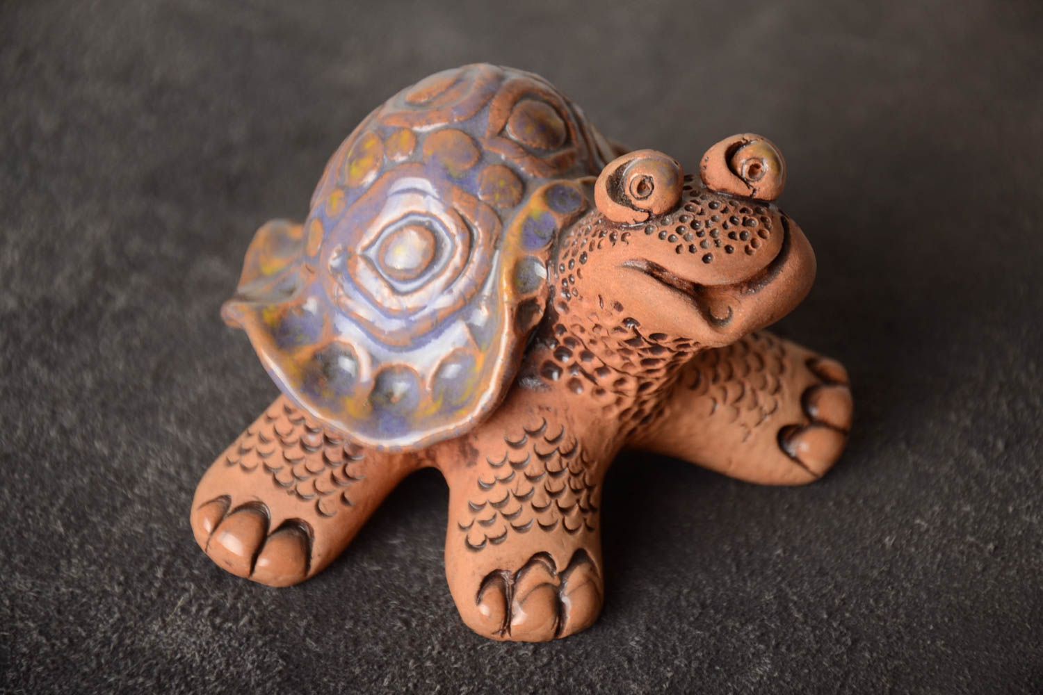 Small handmade clay figurine of turtle with enamel and glaze made for decoration photo 1