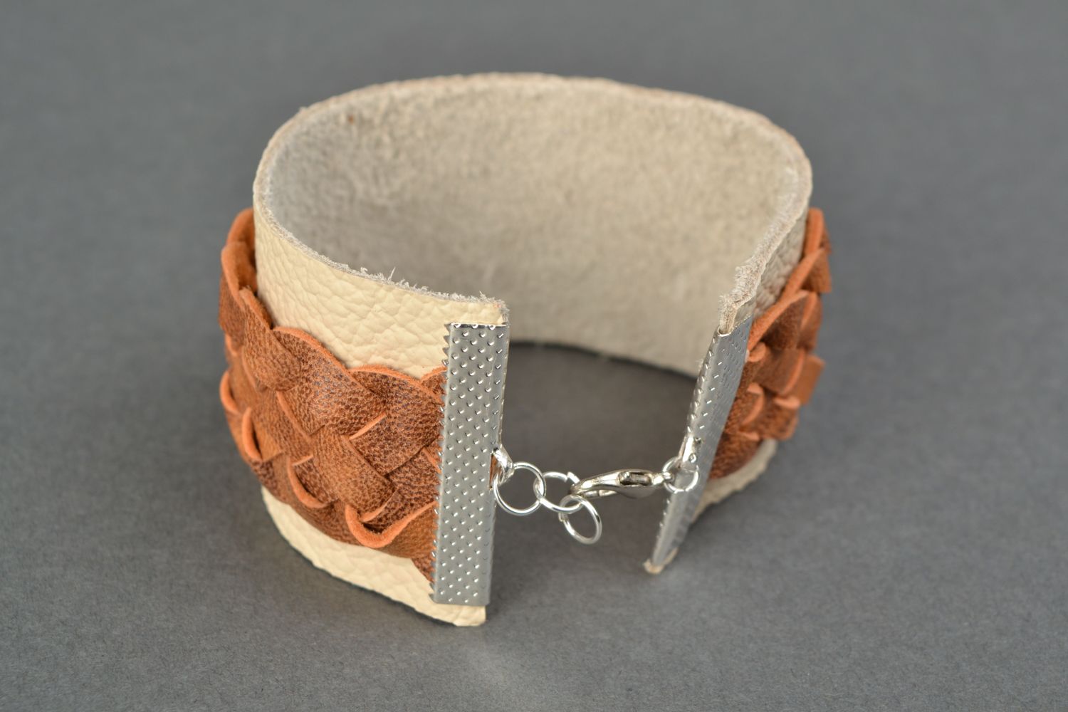 Handmade wide leather bracelet with woven elements photo 4