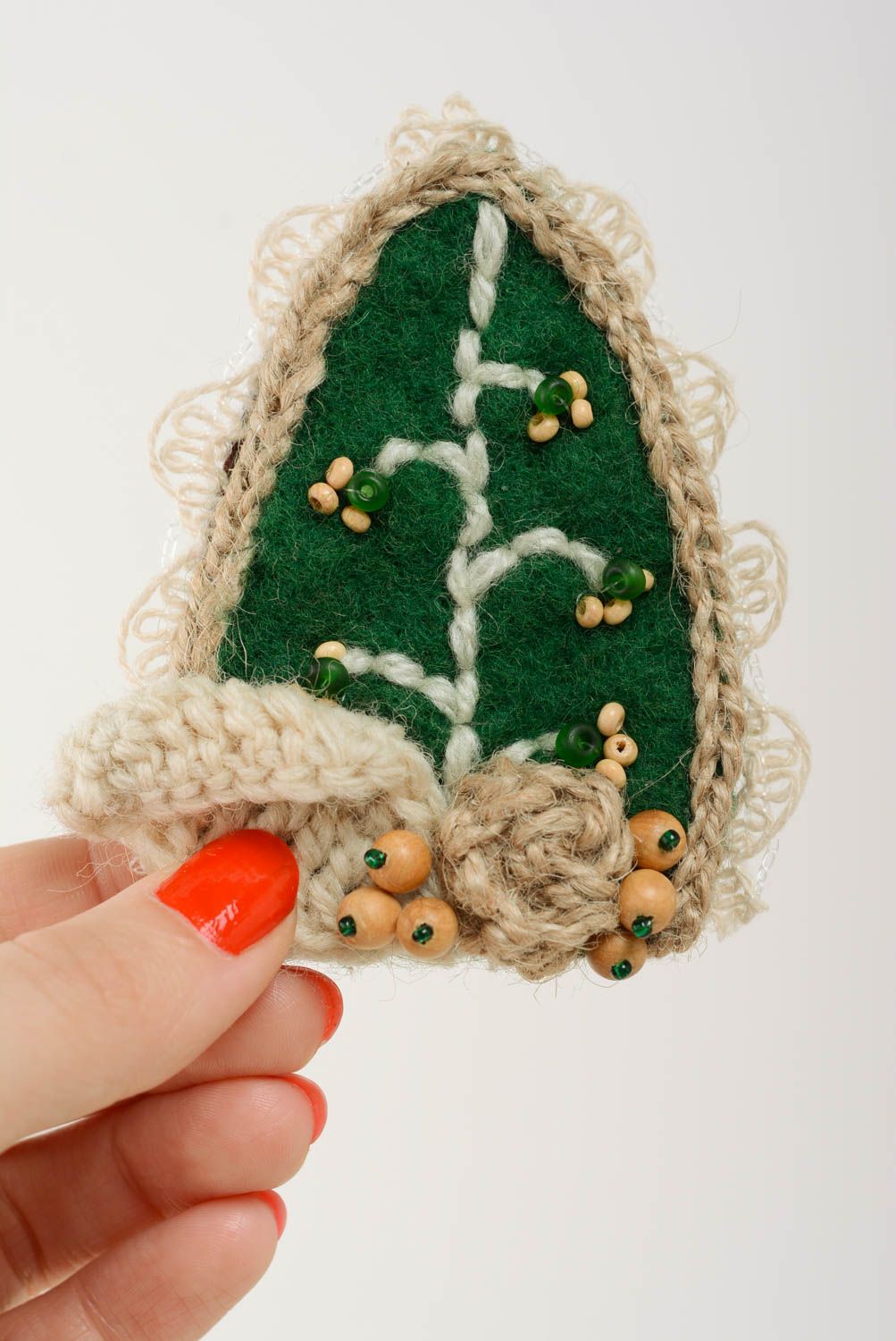 Handmade designer green and beige crochet brooch with felted wool and beads  photo 4
