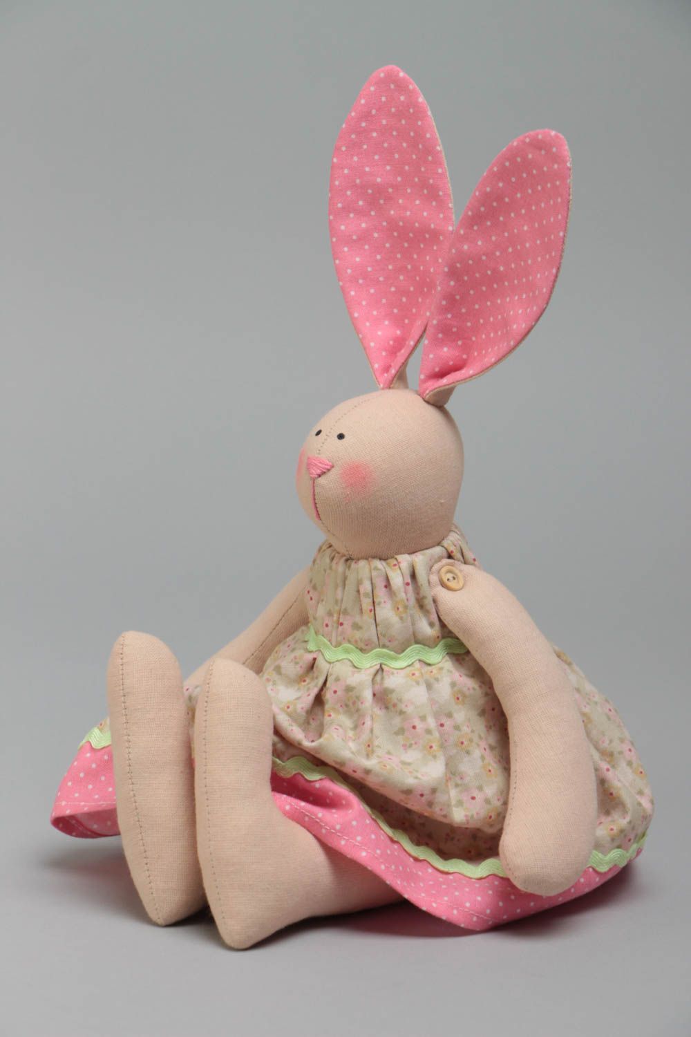 Handmade designer fabric soft toy rabbit girl with pink ears in floral dress  photo 2