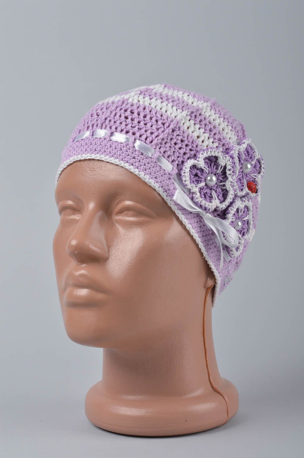 Bonnet fille fait main Bonnet tricot crochet coton violet fleurs Vêtement enfant photo 1