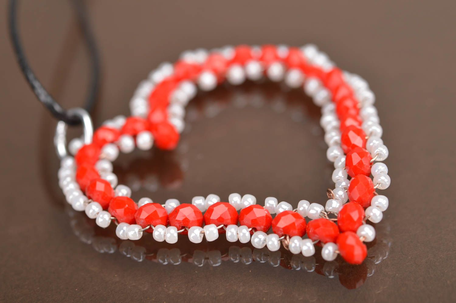 Handmade designer red heart shaped pendant with Czech crystal beads on cord photo 4