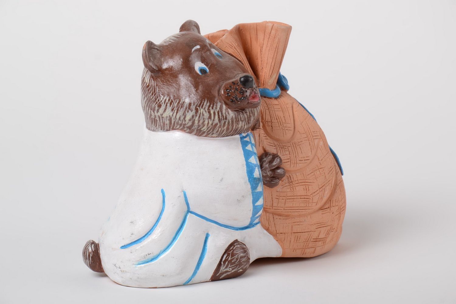 Tirelire ours avec grand sac en argile faite main originale cadeau pour enfant photo 2