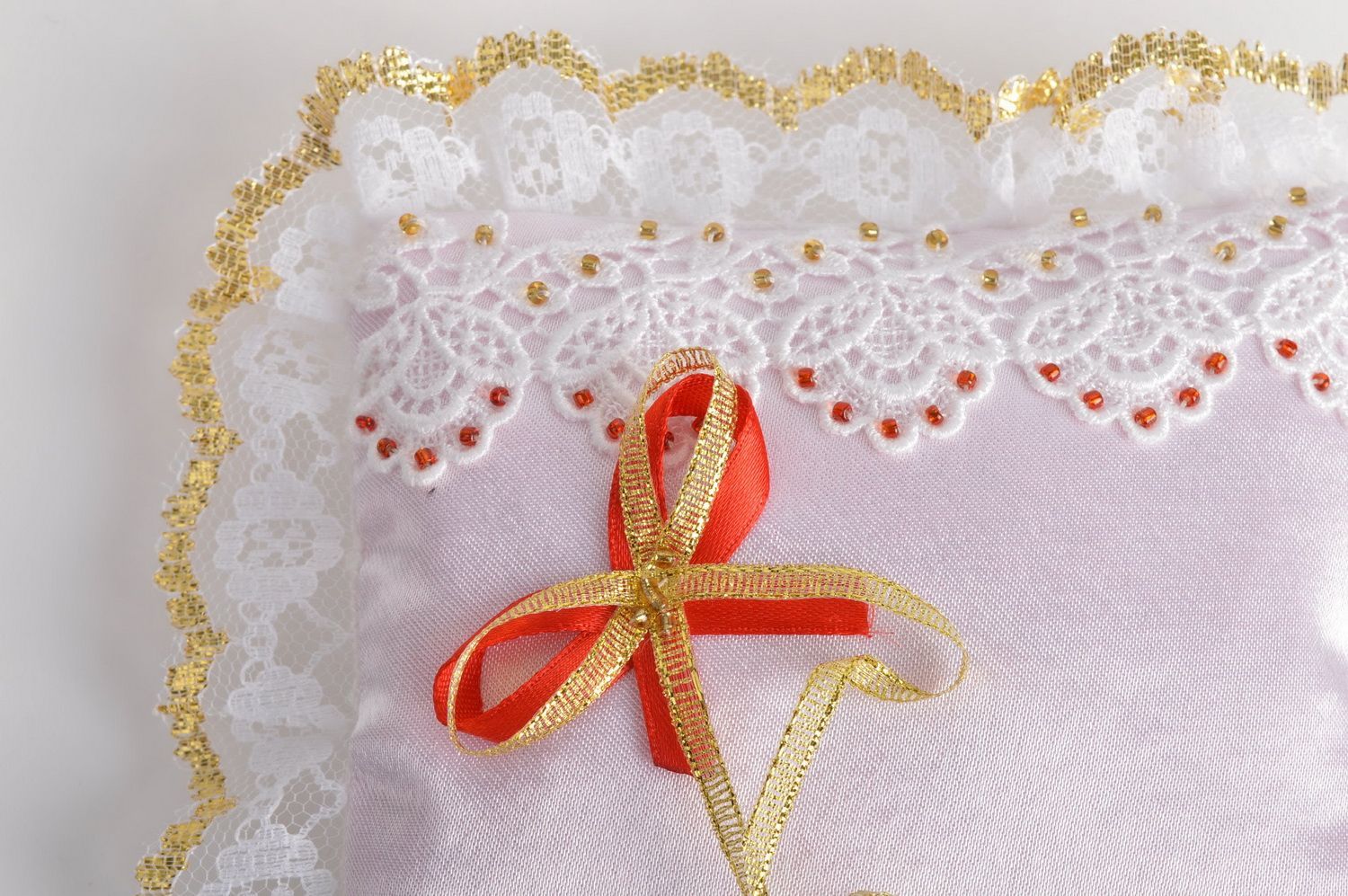 Unusual beautiful handmade satin fabric wedding ring pillow with lace and beads photo 5